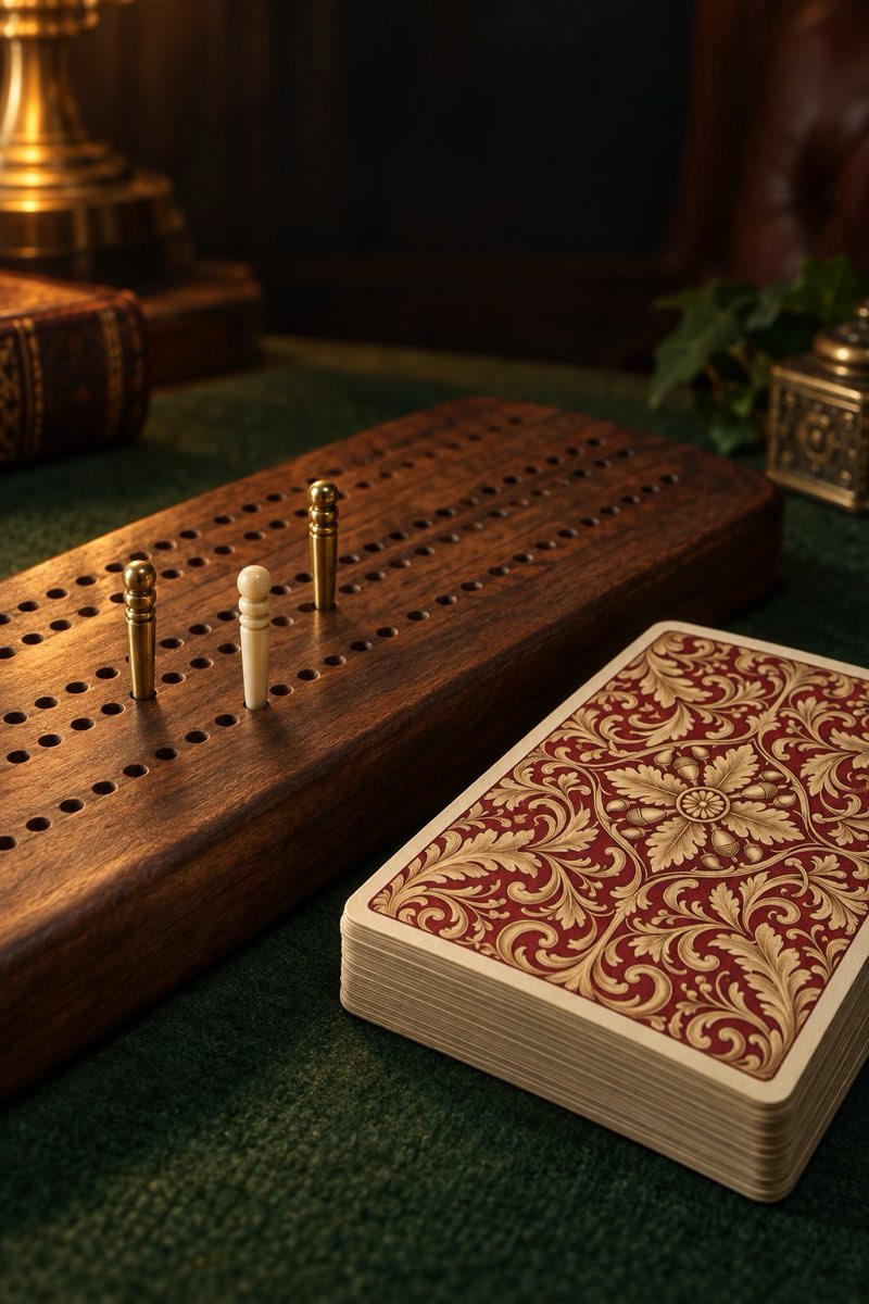 A walnut cribbage board with brass and ivory pegs beside a deck of cards with a red and gold back, on green baize.