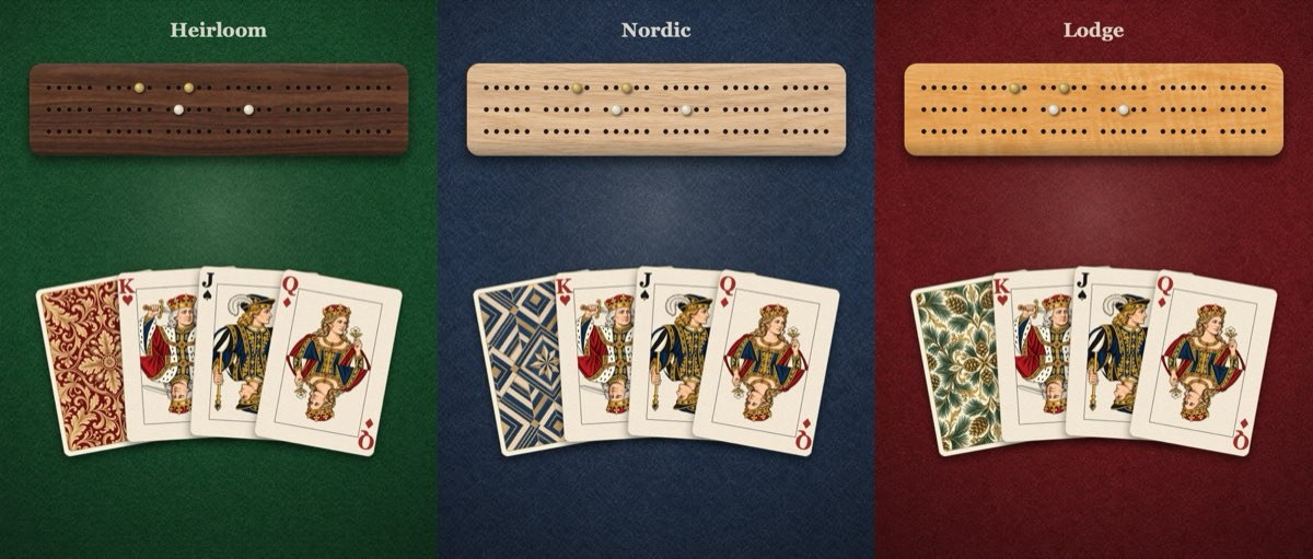 The same hand on three tables: Heirloom with a walnut board on green baize, Nordic with a pale wood board on blue, and Lodge with a maple board on deep red.